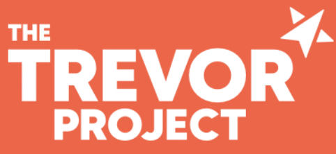 The Trevor Project in white with a white star in the top right corner on an orange rectangle